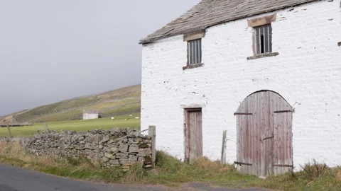 Whitewashed barn, Upper Teesdale landscape, County Durham, England, UK Stock Footage 319789470