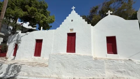 Whitewashed Church in Mykonos Greece - Static Daytime View Stock Footage 346676508