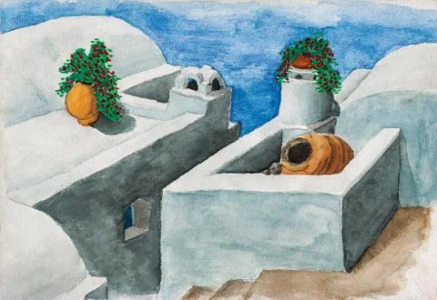 Whitewashed roofs with flowers in Santorini Stock Illustration
