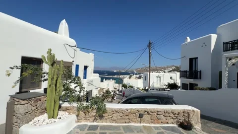 Whitewashed Street with Harbor View Mykonos Greece - Static View Stock Footage 346717054