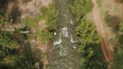 Whitewater rafting on a river through a forest in the summer Stock Footage 154887683