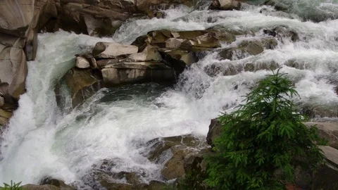 Whitewater river rapids. Large rocks. Europe, Ukraine, Carpathian Mountains Stock Footage 119453006