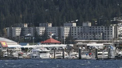 Whittier Alaska Reverse Zoom to Beached Vessel 1  Stock Footage 11179956