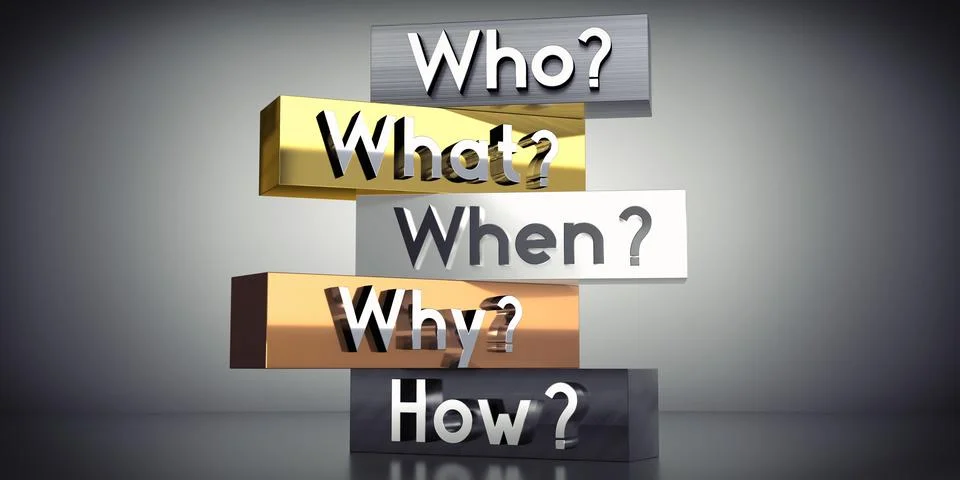 Who, what, when, why, how - words on metal blocks - 3D illustration Stock Illustration