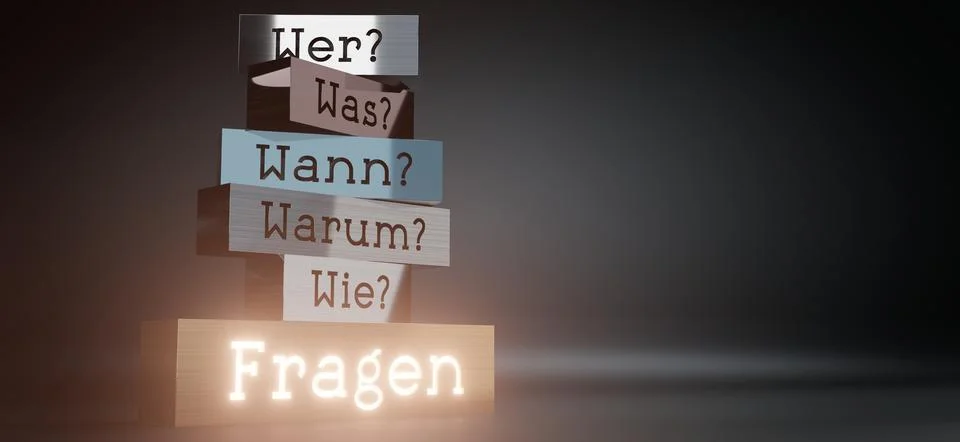 Who, What, When, Why, How, Questions in German - 3D illustration Stock Illustration