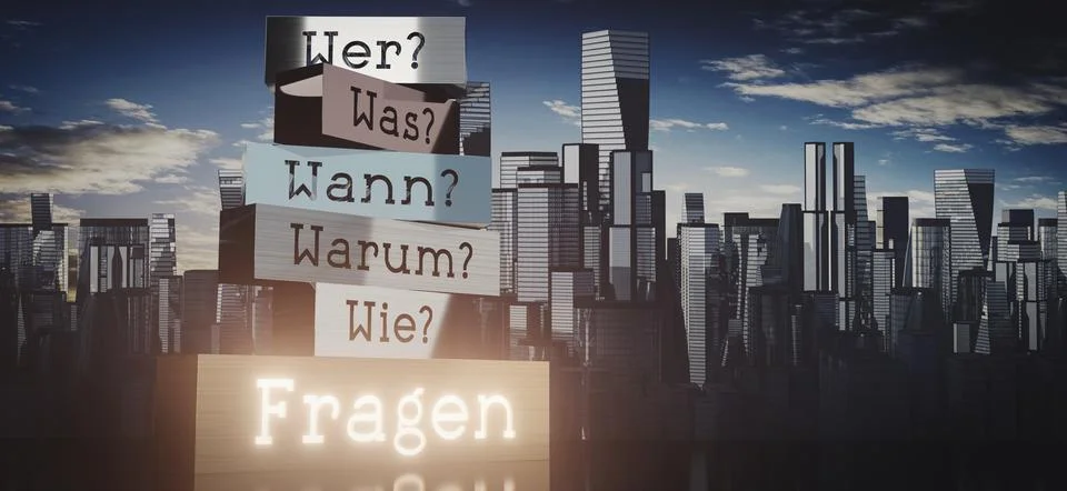 Who, What, When, Why, How, Questions in German - 3D illustration Stock Illustration