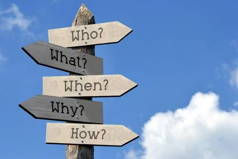 Who, what, when, why, how - wooden signpost with five arrows, sky with clouds Stock Photos