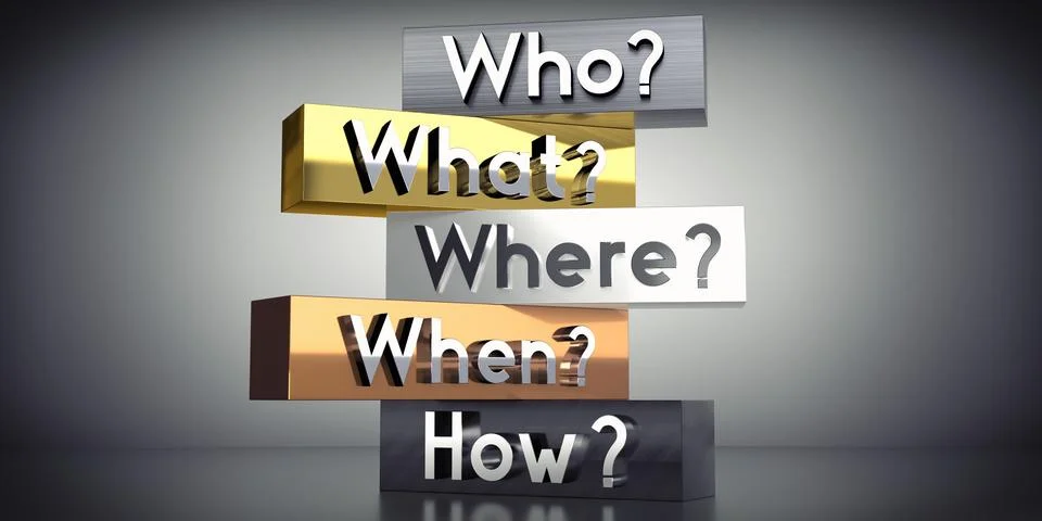 Who, what, where, when, how - words on metal blocks - 3D illustration Stock Illustration