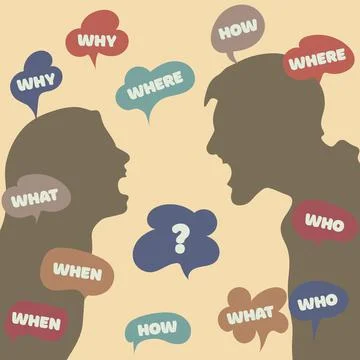 Who what where when why questions in speech bubbles. A man and a woman are chatt Stock Illustration