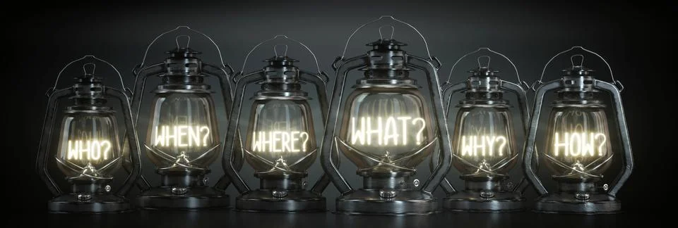 Who, When, Where, What, Why, How - Vintage Kerosene Lanterns - 3d illustratio Stock Illustration