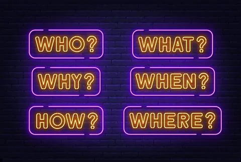 Who Why How What When Where neon sign on brick wall background . Stock Illustration