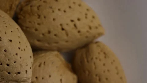 Whole almonds in shells rotating on a white surface Stock Footage 327829744