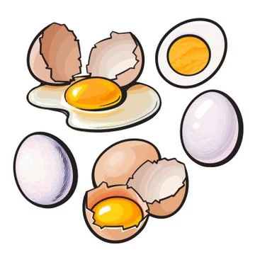 Whole and cracked, broken shell chicken egg composition Illustrazione stock