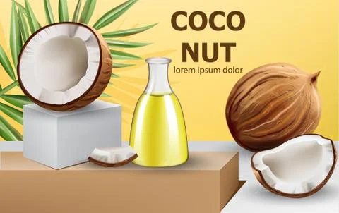 Whole and cracked open coconuts with monstera leaf and a carafe with oil on p Stock Illustration