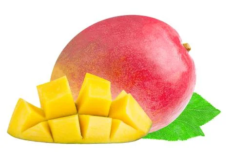 Whole and cut mango with leaf on white Stock Photos
