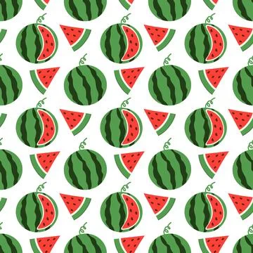 Whole and cut slice, dissected Watermelon Vector Seamless Pattern. Stock Illustration