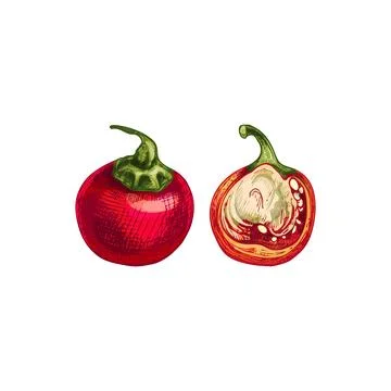 Whole and half cherry pepper. Vector vintage hatching color illustration. Stock Illustration