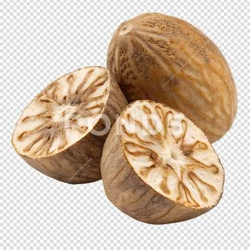 Whole and halved fresh nutmeg with seed visible, aromatic spice PSD Template