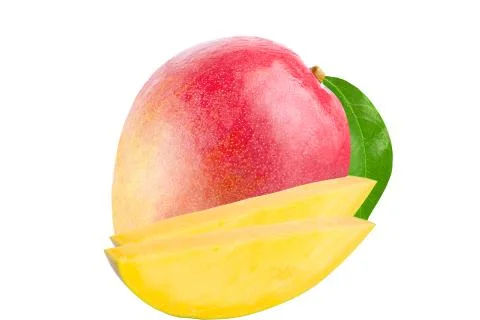 Whole and slice mango with leaf on white Stock Photos