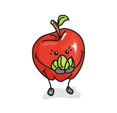 Whole apple with leaf. Vector flat cartoon color icon with emotions. Stock Illustration