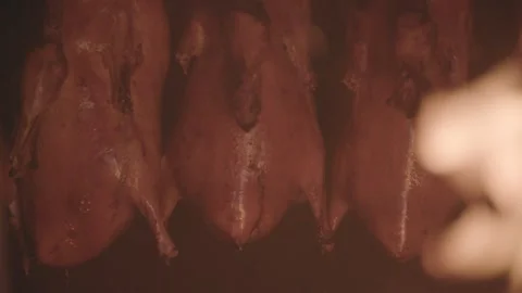 Whole Birds Roasting Over Open Flames in Traditional Beijing Restaurant Kitchen Stock Footage 345766949