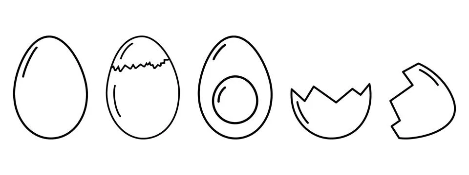 Whole boiled eggs and eggshell Outline Simple Minimalistic Icons Sticker Design Stock Illustration