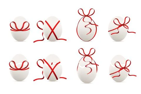 Whole, broken chicken white eggs in 3D illustration, decorated with red ribbo Stock Illustration