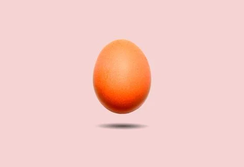 A whole chicken egg in a shell floating in the air on a pale pink background. Stock Photos