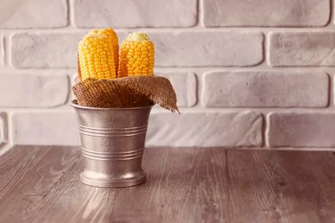 Whole corn  on gray table. Stock Photos