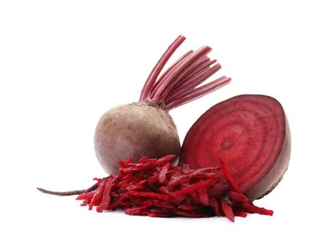 Whole, cut and grated red beets on white background Stock Photos