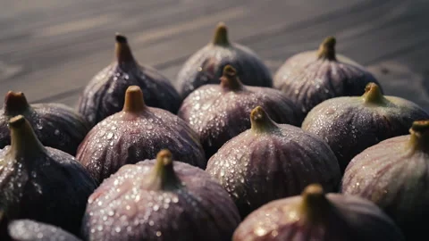 Whole Delicate Fresh Ripe Figs With Water Drops. Ficus Carica. Side View. Health Stock Footage 332572207