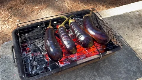 Whole eggplants roasted on barbecue Stock Video Pond5