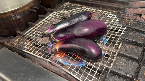 Whole Eggplants Roasting Over Open Flame Wire Grill Yaki Nasu Japan Stock Footage 344646028