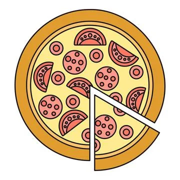 Whole fresh pizza with one slice separating Stock Illustration
