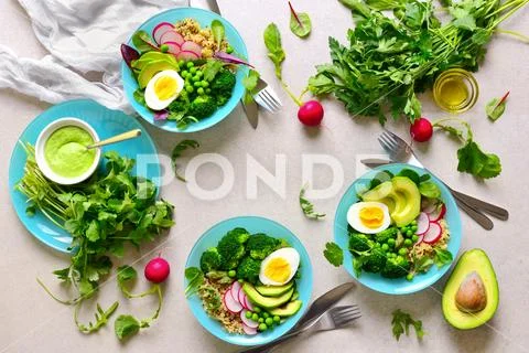 Whole healthy meal served on a stone table, clean eating concept Stock Photos