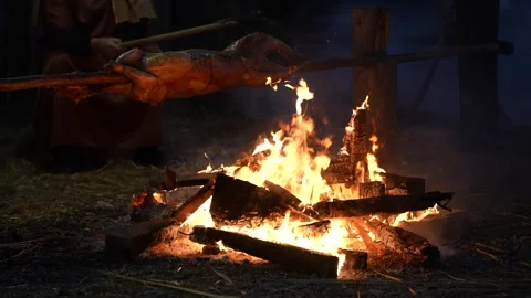 Whole Lamb Roasting on Rotating Spit Over Evening Outdoor Campfire Stock Footage 327293404