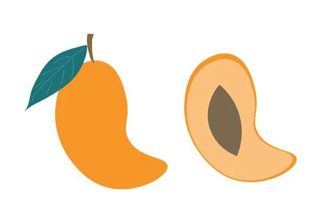 A whole mango and a slice of mango on an isolated white background. Flat vect Stock Illustration