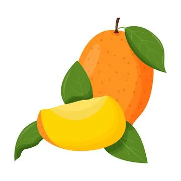 Whole mango with green leaf isolated on white background. Flat vector Stock Illustration