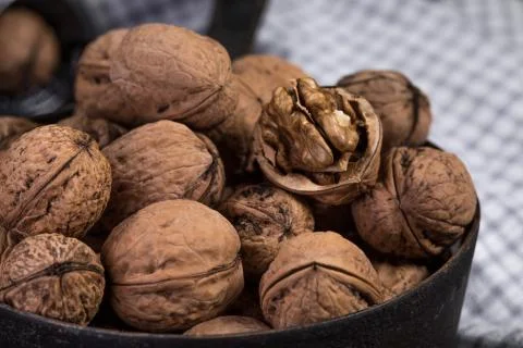 Whole nuts and nutcracker. Stock Photos