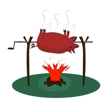Whole pig roast on a spit. Vector isolated illustration. Ilustración de archivo