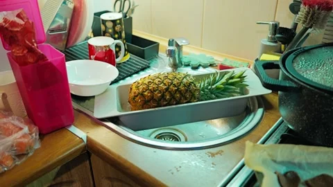 Whole Pineapple Air Drying Beside Kitchen Sink After Washing At Home Stock Footage 340873591