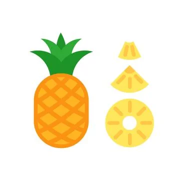 Whole pineapple and three types of slices. Round, triangle and chunk. Flat .. Stock Illustration