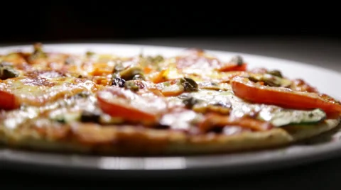Whole pizza, olive, dark background Stock Footage 34311367
