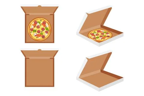 The whole pizza in the opened and closed cardboard box. Stock Illustration