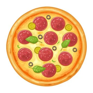 Whole pizza pepperoni. Top view. Vector color flat illustration Stock Illustration