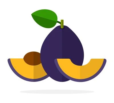 The whole plum with a leaf and a slice of plum with a stone flat isolated Stock Illustration