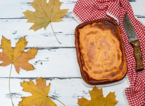 Whole rectangular pie of cottage cheese and pumpkin 스톡 사진