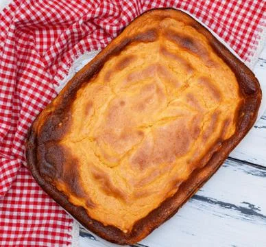Whole rectangular pie of cottage cheese and pumpkin 스톡 사진