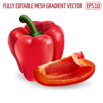 Whole red bell pepper with a slice on white background. Stock Illustration
