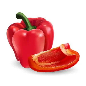Whole red bell pepper with a slice on white background. Stock Illustration